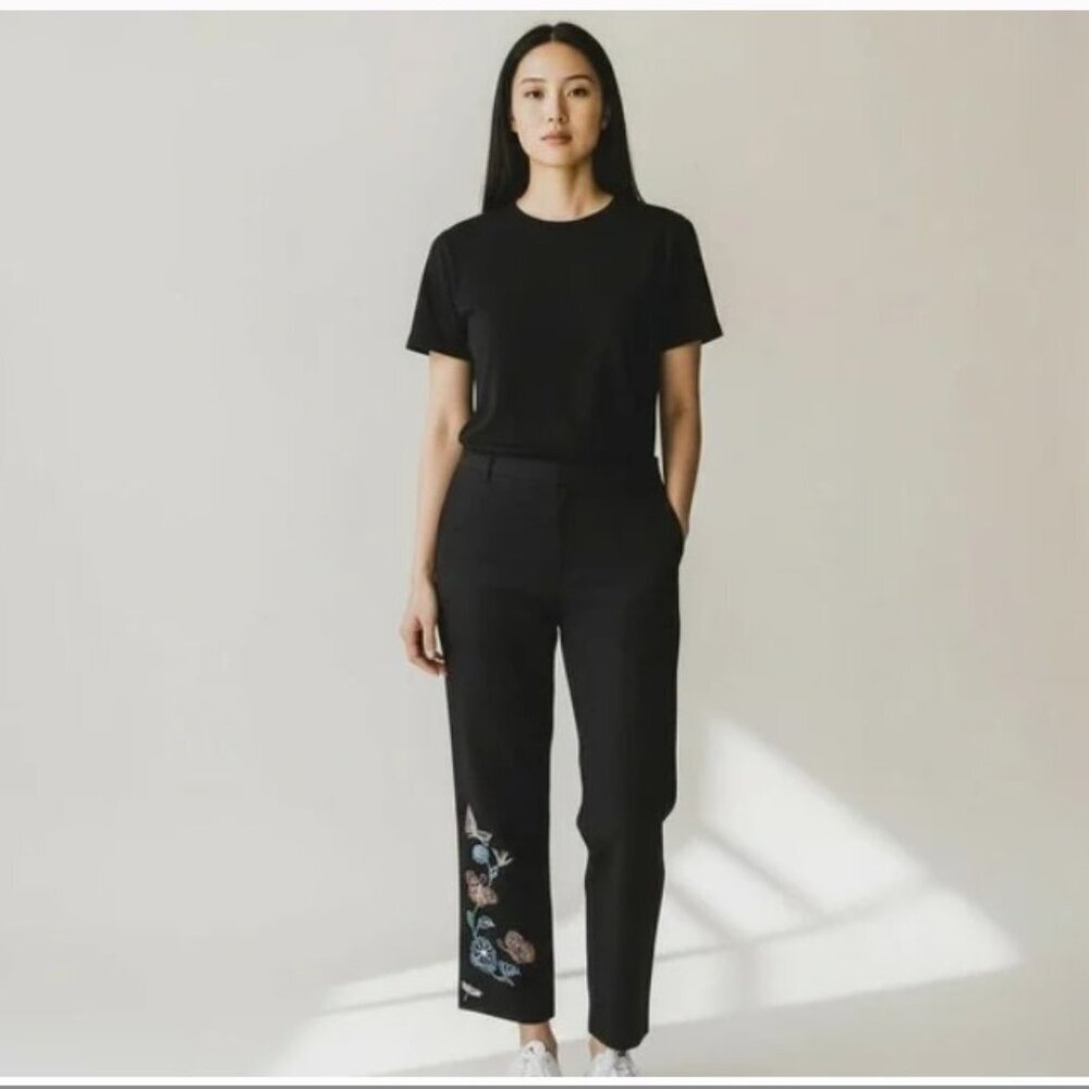 DEANE & WHITE Embroidered Wide Leg Cropped Linen Black Pant - 8 China
